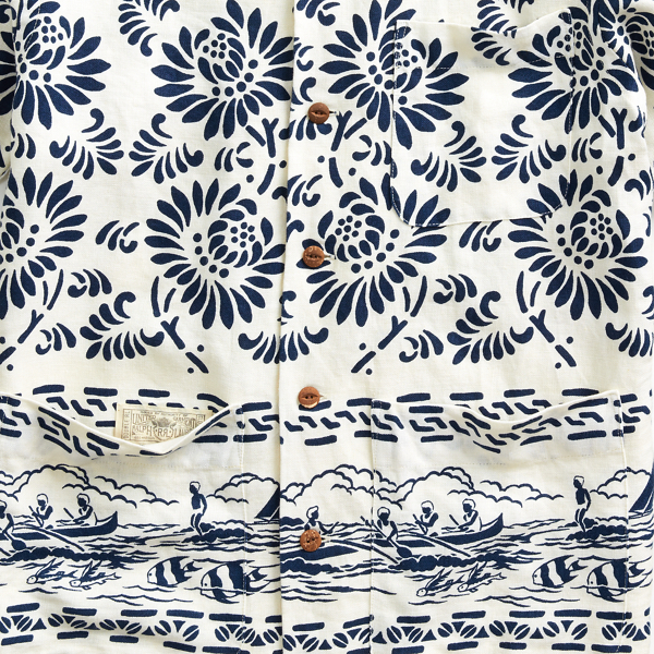 Cream Blue Print Linen Camp Shirt RRL 3