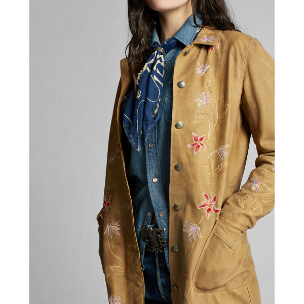 Tan Khaki Embroidered Leather Jacket RRL 5