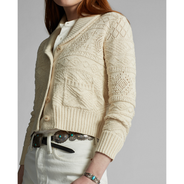 Cream Cropped Cotton-Silk Cardigan RRL 5