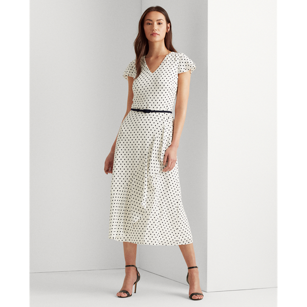 Cream/Navy Ruffle-Trim Crepe Dress Lauren 3