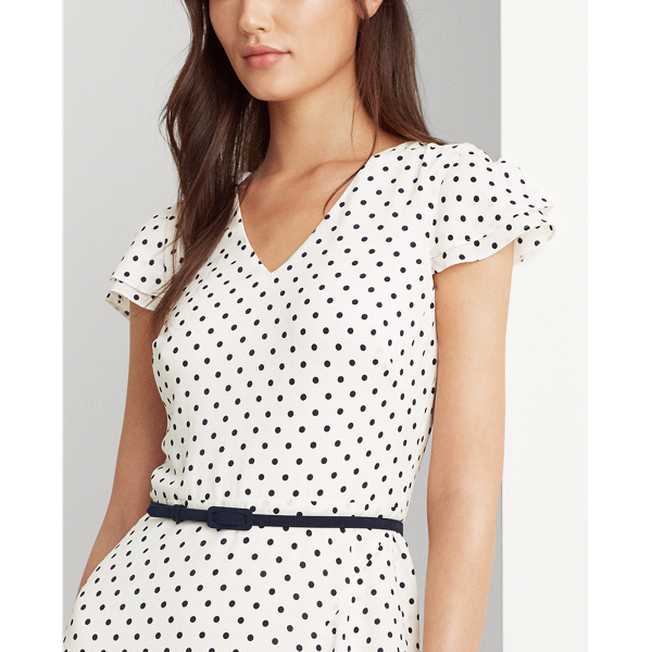 Cream/Navy Ruffle-Trim Crepe Dress Lauren 5
