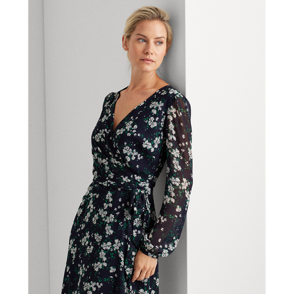 Lh Navy/Grey/Multi Puff-Sleeve Georgette Dress Lauren 3
