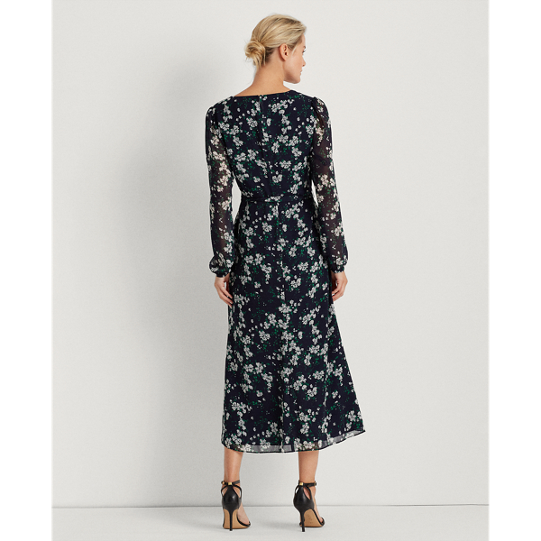 Lh Navy/Grey/Multi Puff-Sleeve Georgette Dress Lauren 4