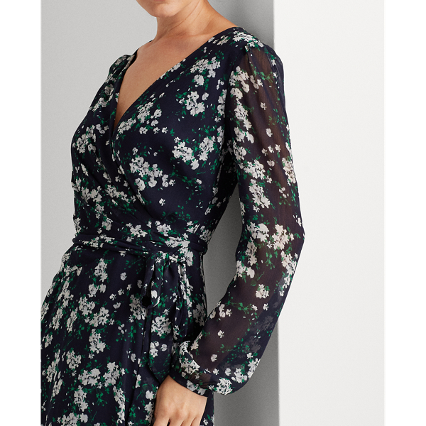 Lh Navy/Grey/Multi Puff-Sleeve Georgette Dress Lauren 5