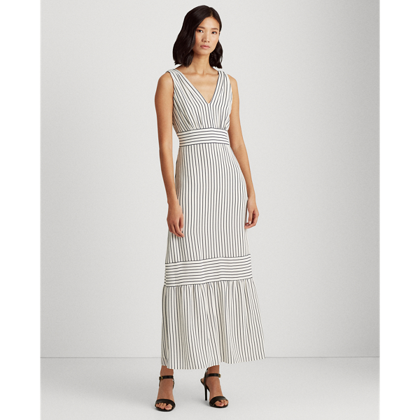 Cream/Navy Striped Tiered Crepe Dress Lauren 4