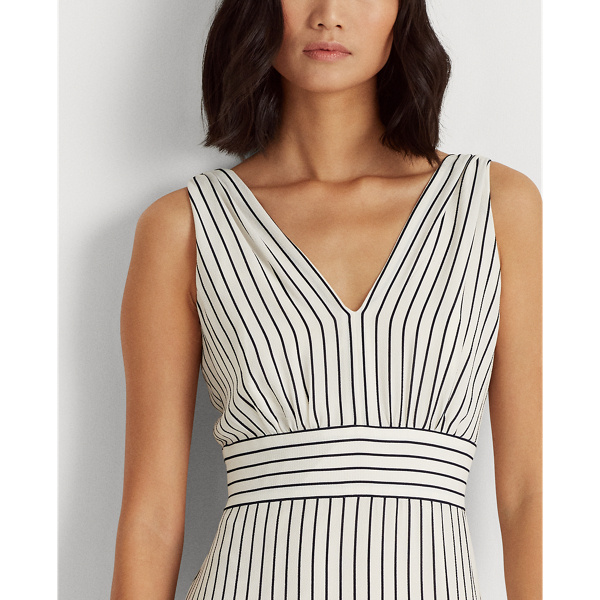 Cream/Navy Striped Tiered Crepe Dress Lauren 6