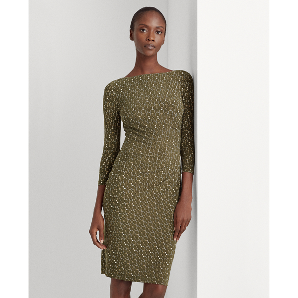 Oliva/Gold/Multi Print Ruched Jersey Dress Lauren Petite 3