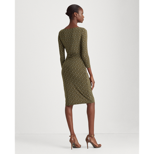 Oliva/Gold/Multi Print Ruched Jersey Dress Lauren Petite 4