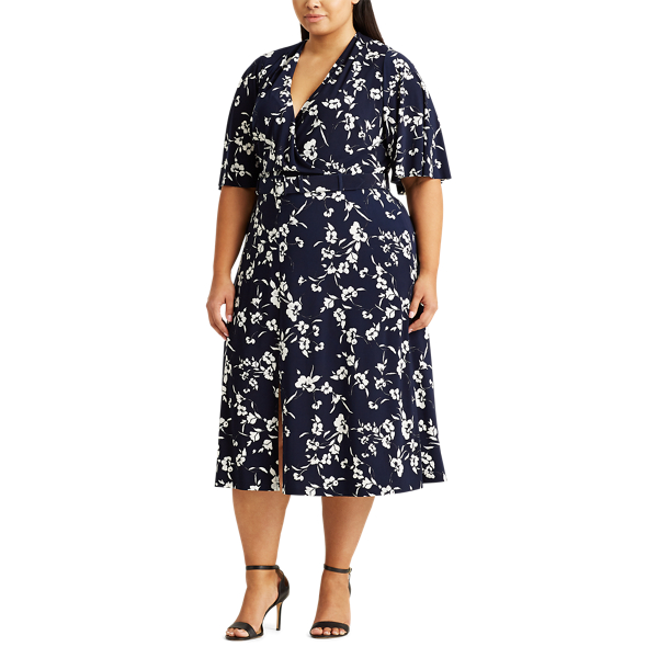 Lh Navy/Col Cream/Multi Floral Belted Jersey Dress Lauren Woman 3