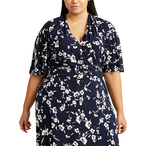 Lh Navy/Col Cream/Multi Floral Belted Jersey Dress Lauren Woman 4