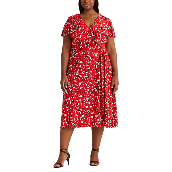 Persimmon/Charcoal/Col Cr Floral Surplice Dress Lauren Woman 3