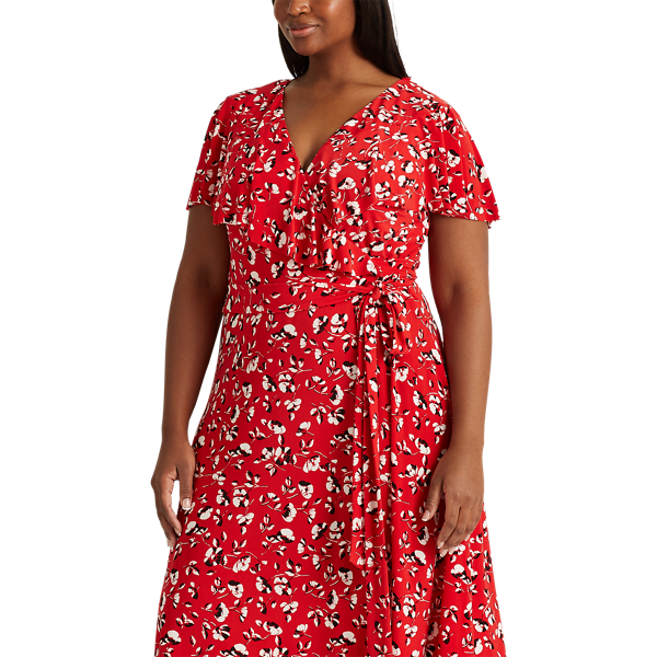 Persimmon/Charcoal/Col Cr Floral Surplice Dress Lauren Woman 4