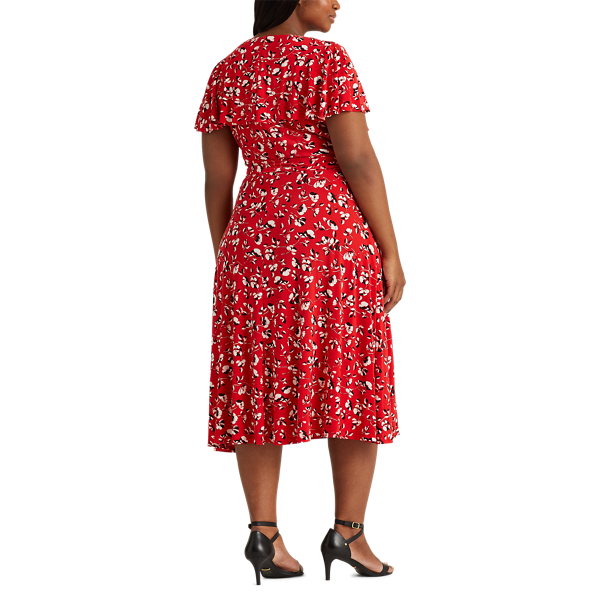 Persimmon/Charcoal/Col Cr Floral Surplice Dress Lauren Woman 5