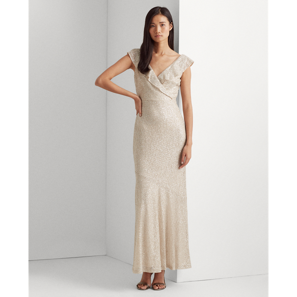 Sparkling Champagne Sequinned Cap-Sleeve Gown Lauren 4