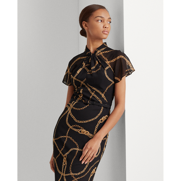Black/Gold/Multi Georgette Twisted-Neck Dress Lauren 4