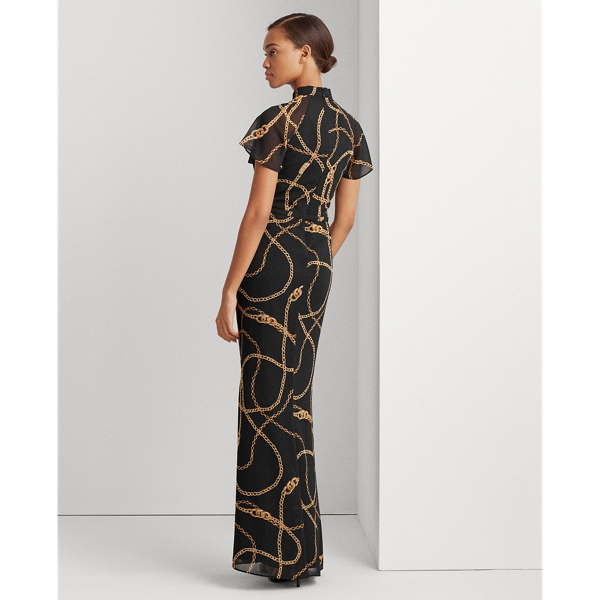 Black/Gold/Multi Georgette Twisted-Neck Dress Lauren 5