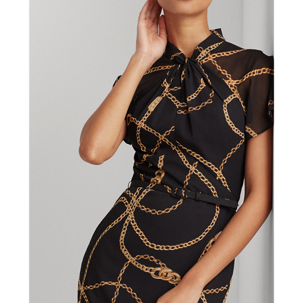 Black/Gold/Multi Georgette Twisted-Neck Dress Lauren 6