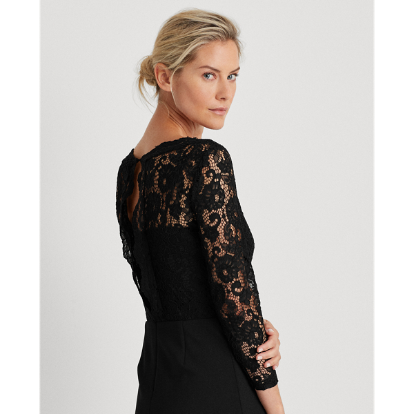 Jersey-Lace Boatneck Dress Lauren em Black 4