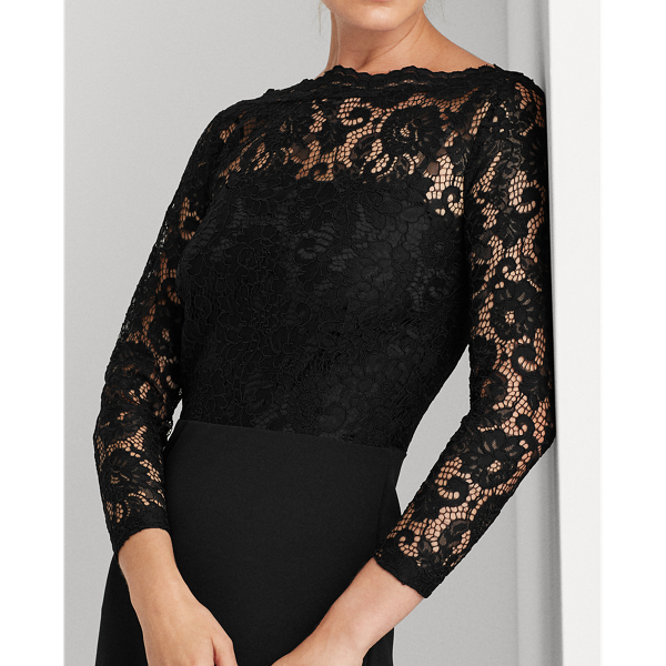 Jersey-Lace Boatneck Dress Lauren em Black 6