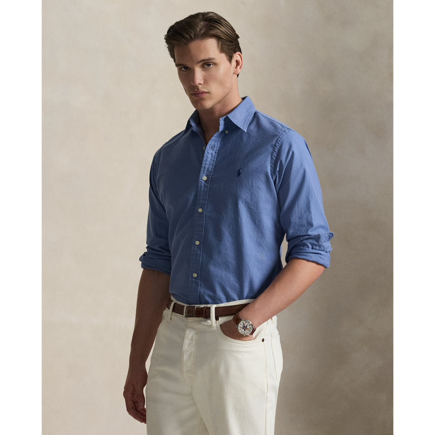 Мужская рубашка Ralph Lauren Garment-Dyed Oxford Shirt - All Fits, цвет: Синий, вариант 1 — фото 6