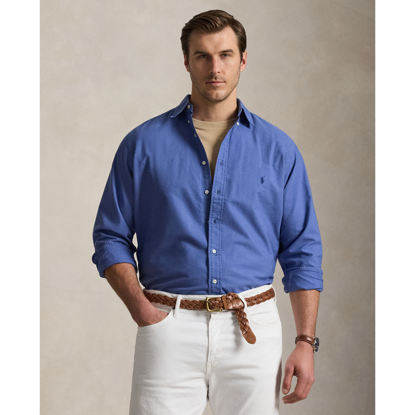 Мужская рубашка Ralph Lauren Garment-Dyed Oxford, цвет: Синий, вариант 1 — фото 5