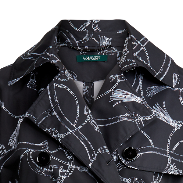 Polo Black/Silk White Print Taffeta Trench Coat Lauren 7