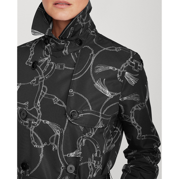 Polo Black/Silk White Print Taffeta Trench Coat Lauren 6