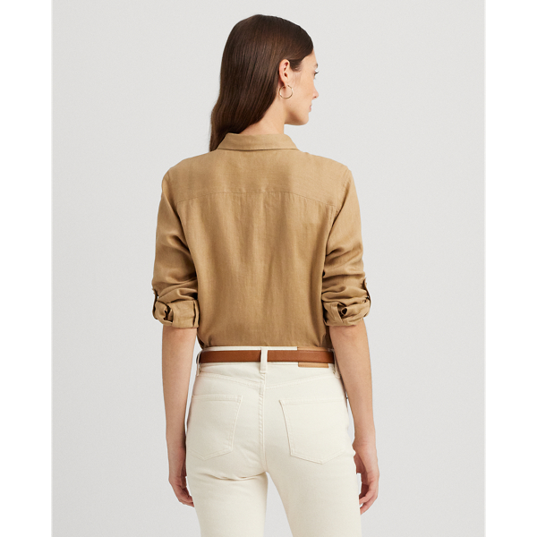 Spring Khaki Relaxed Fit Linen Roll Tab-Sleeve Shirt Lauren 5