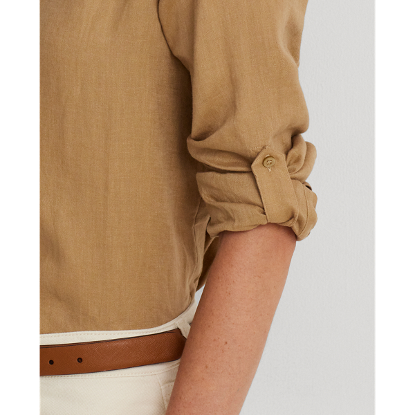 Spring Khaki Relaxed Fit Linen Roll Tab-Sleeve Shirt Lauren 7