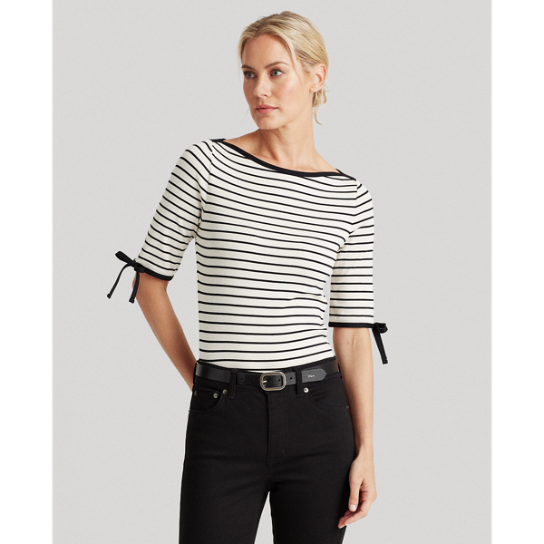 Cream/Polo Black Striped Cotton-Blend Top Lauren Petite 1