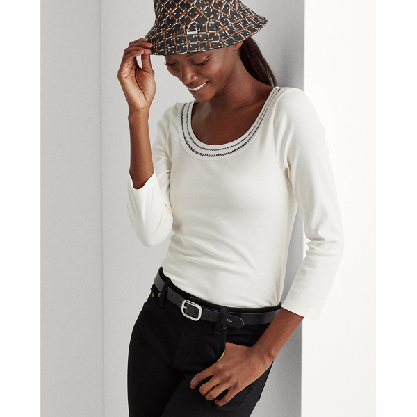 Mascarpone Cream Cotton Elbow-Sleeve Top Lauren 5