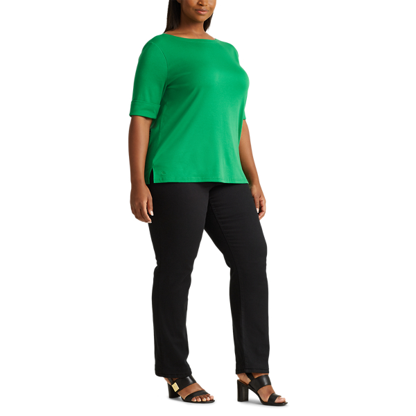 Hedge Green Cotton-Blend Boatneck Top Lauren Woman 2