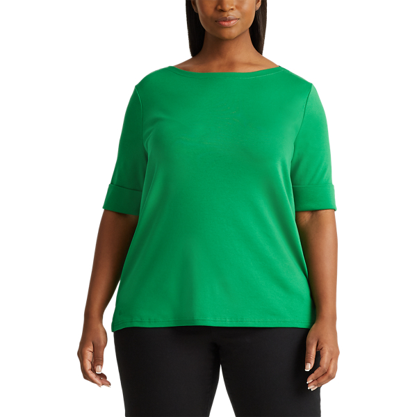 Hedge Green Cotton-Blend Boatneck Top Lauren Woman 3