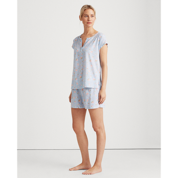 Blue Floral Print Knit Boxer Pyjama Set Lauren 3