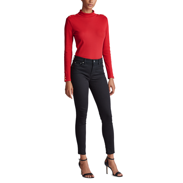 Red Button-Trim Cotton Roll Neck Lauren 2
