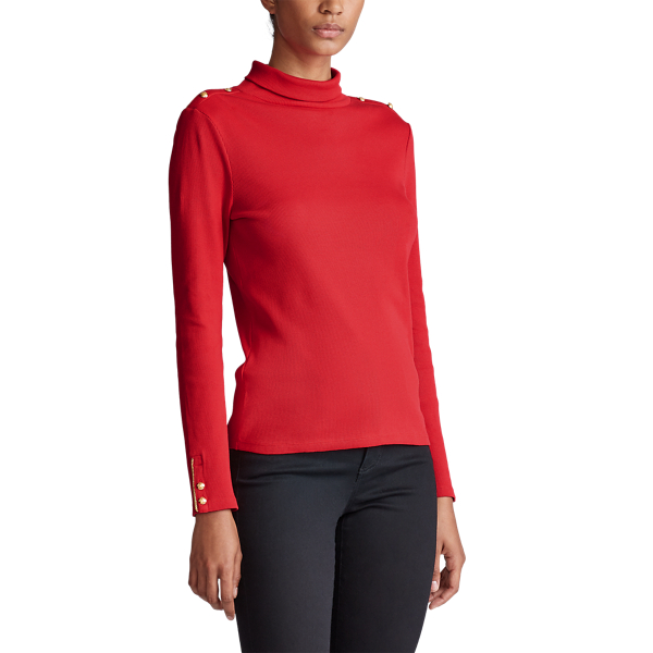 Red Button-Trim Cotton Roll Neck Lauren 3