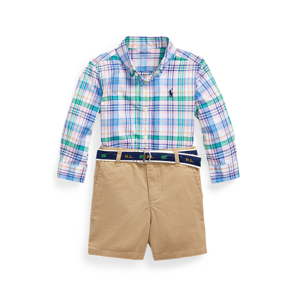 Plaid Shirt, Belt & Short Set Baby Boy em 1