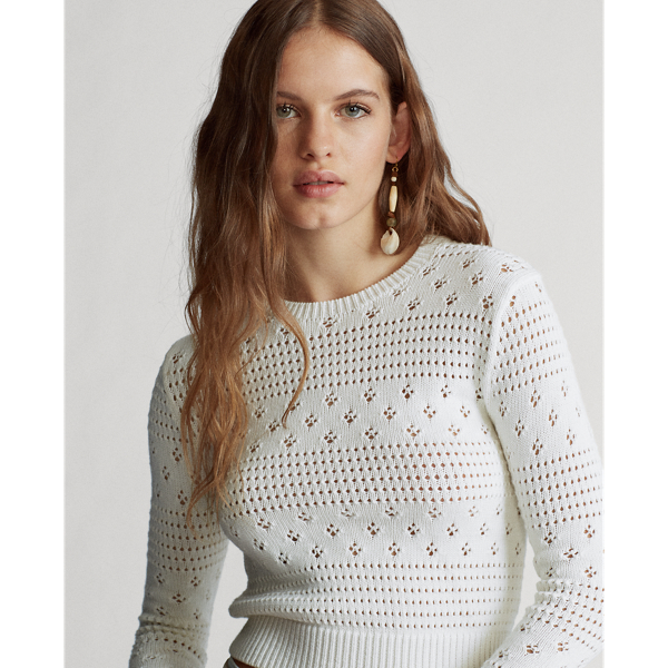 White Cropped Pointelle Knit Top Polo Ralph Lauren 6