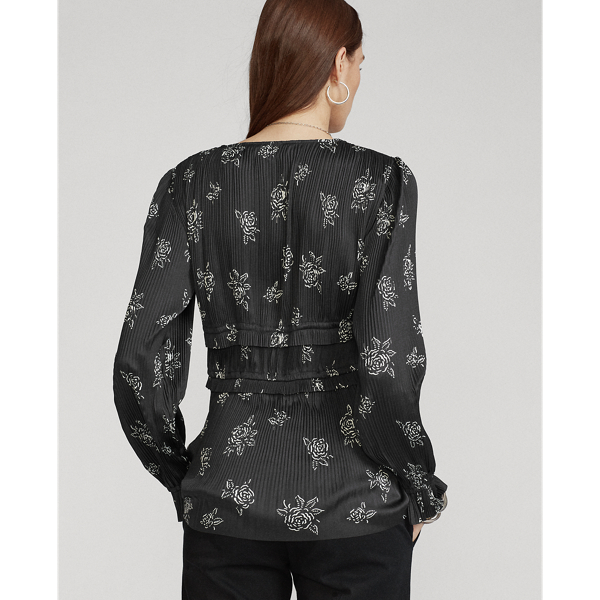 Black Rose Floral Pleated Rose-Print Blouse Polo Ralph Lauren 4