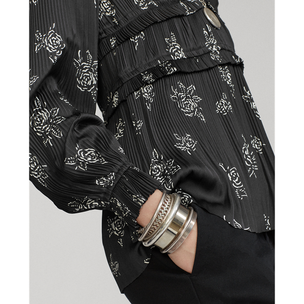 Black Rose Floral Pleated Rose-Print Blouse Polo Ralph Lauren 5