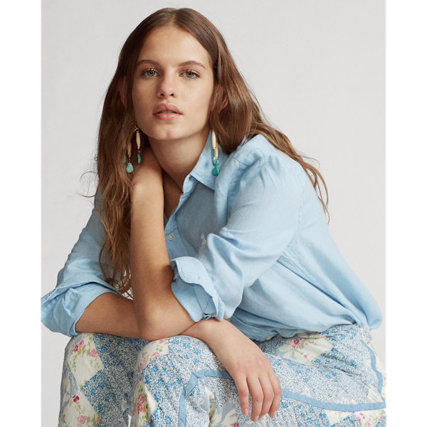 Powder Blue Linen Button-Down Shirt Polo Ralph Lauren 6