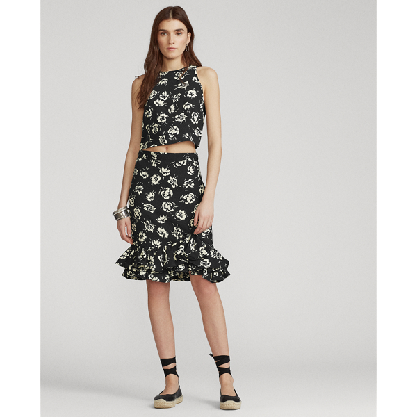 Black/White Floral Rose-Print Satin Halter Top Polo Ralph Lauren 3