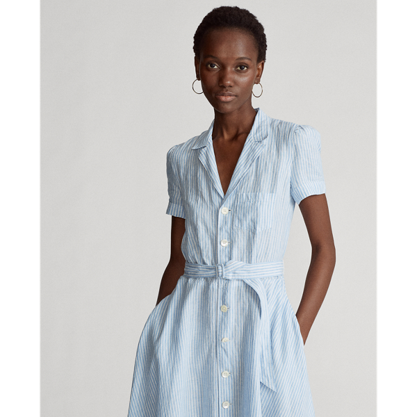 Blue/White Striped Belted Linen Midi Dress Polo Ralph Lauren 4