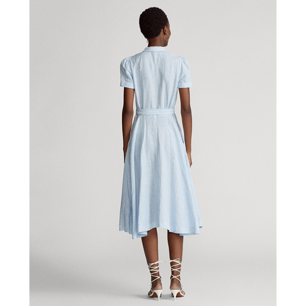 Blue/White Striped Belted Linen Midi Dress Polo Ralph Lauren 5