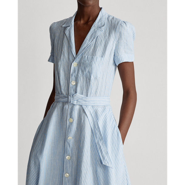 Blue/White Striped Belted Linen Midi Dress Polo Ralph Lauren 6