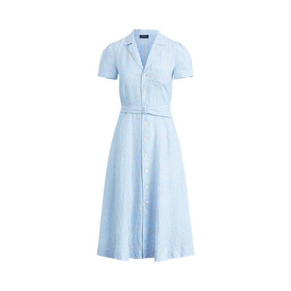 Blue/White Striped Belted Linen Midi Dress Polo Ralph Lauren 2