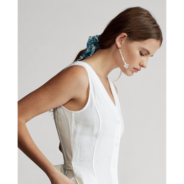 White Buttoned-Placket Linen Dress Polo Ralph Lauren 6