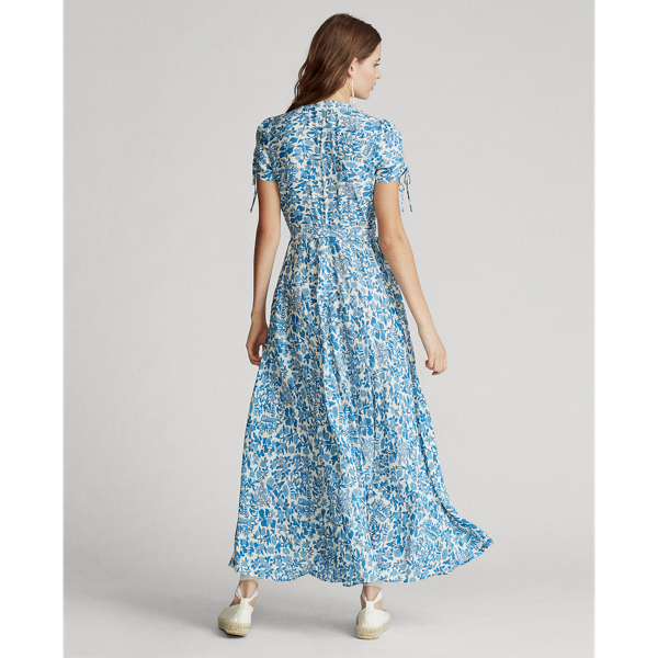 White/Aqua Blue Floral Floral Crepe Wrap Dress Polo Ralph Lauren 6