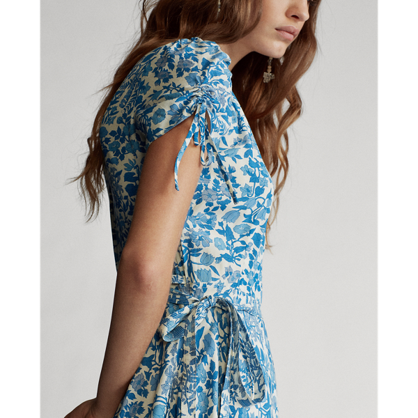 White/Aqua Blue Floral Floral Crepe Wrap Dress Polo Ralph Lauren 7