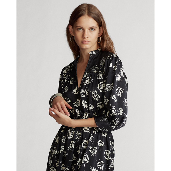 Black/White Floral Combo Rose-Print Satin Dress Polo Ralph Lauren 3
